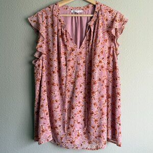 2X Flutter Sleeve Pink Floral V-Neck Blouse